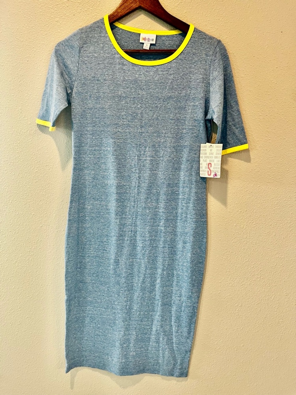 LuLaRoe Heather Blue Mini Dress with Neon Yellow Trim